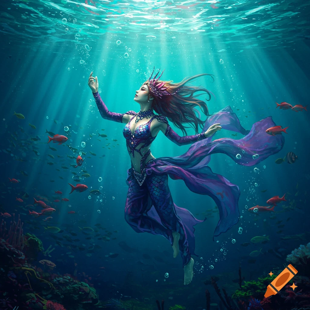 A vibrant illustration of a woman in a purple costume floating gracefully underwater with sunlit bubbles and fish.