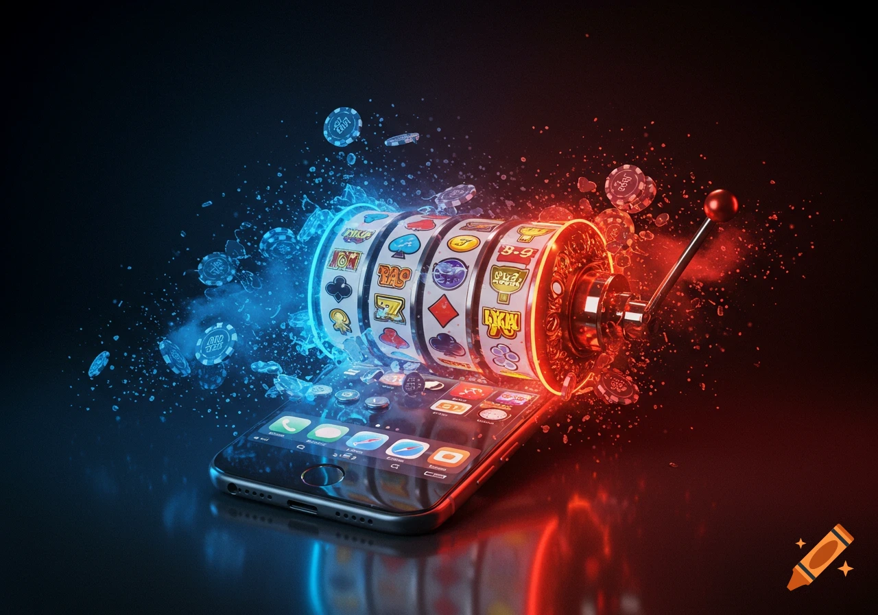 A glowing slot machine barrel, with blue and red energy, emerging from a smartphone screen, surrounded by flying casino chips.