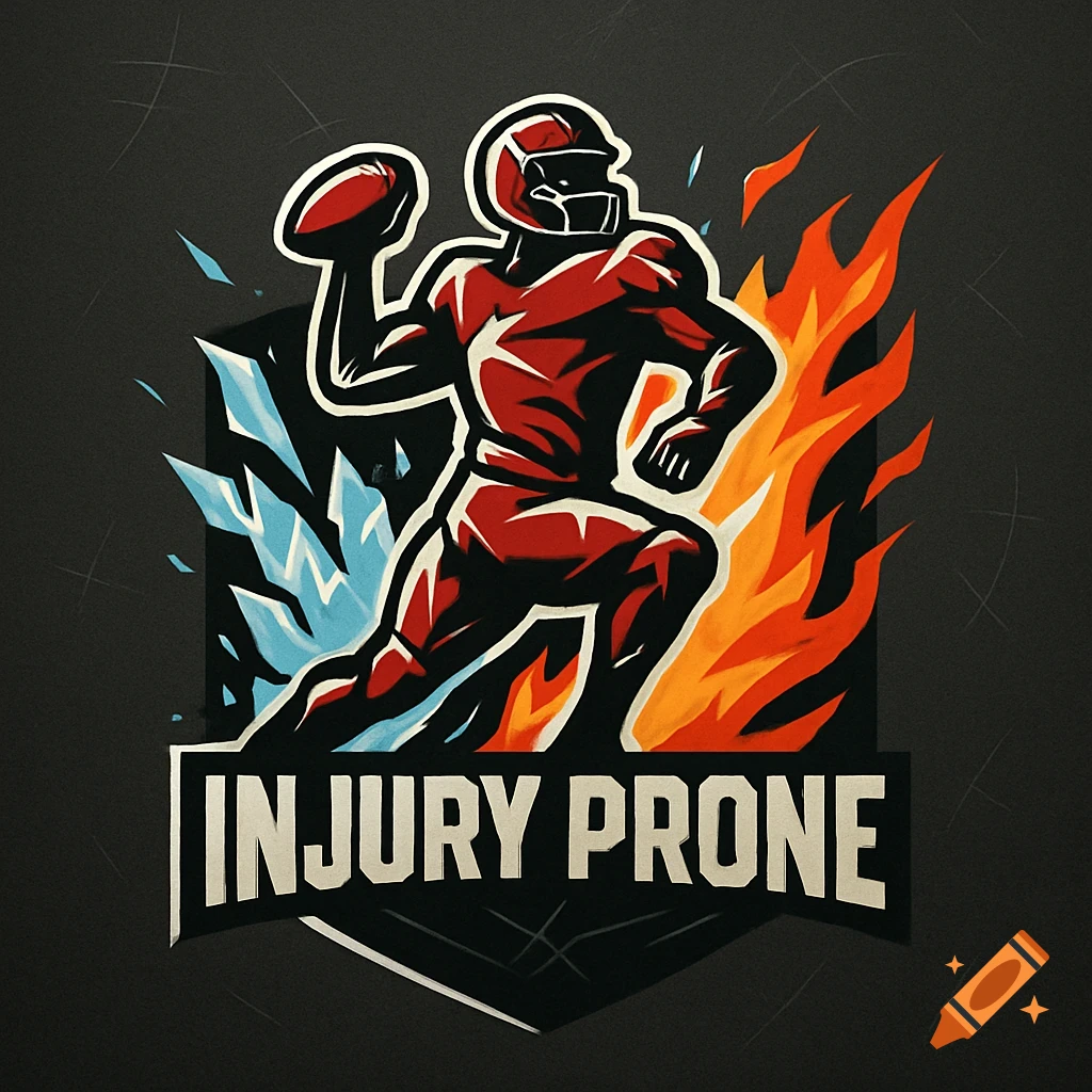 A stylized logo featuring a football player in red and black, mid-throw, with blue ice shards on the left and orange flames on the right, above the text "INJURY PRONE" on a dark background.