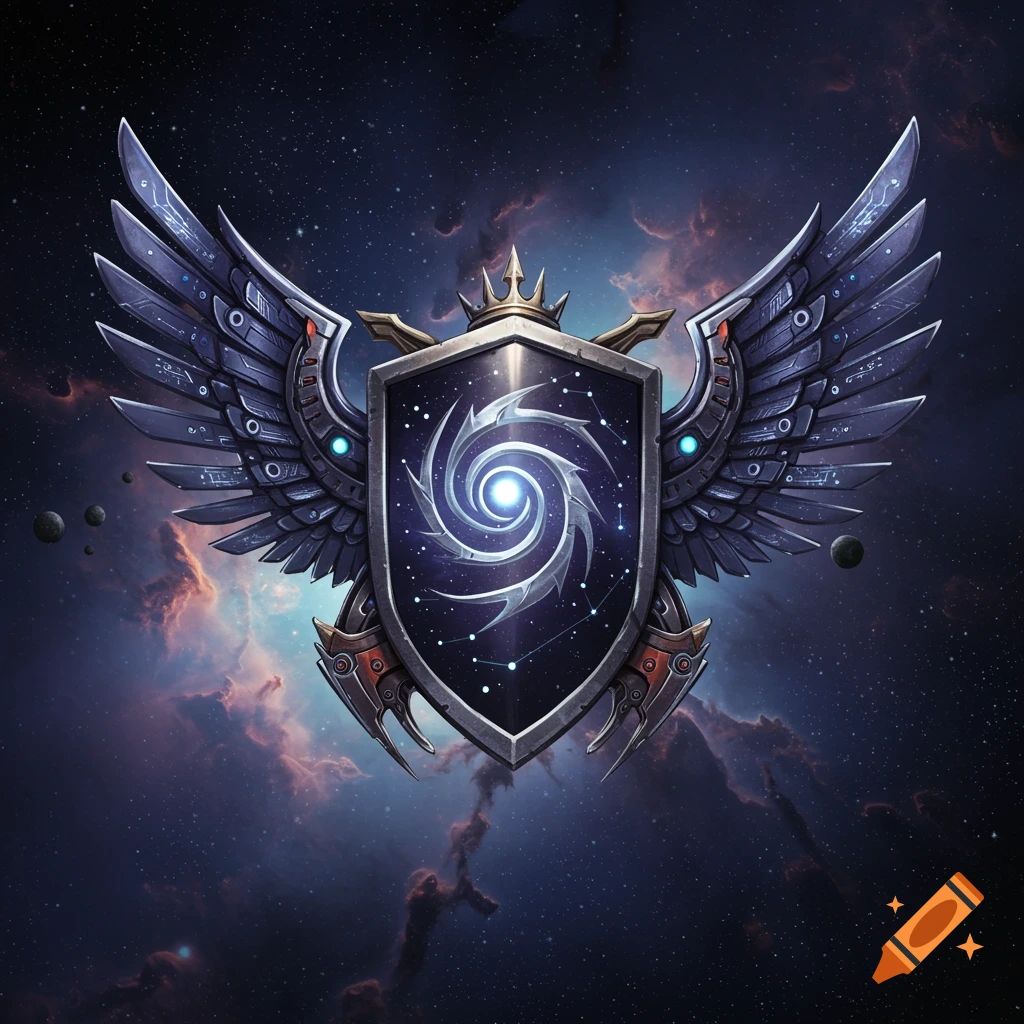 A metallic winged shield insignia with a glowing spiral galaxy core, set against a cosmic nebula background.