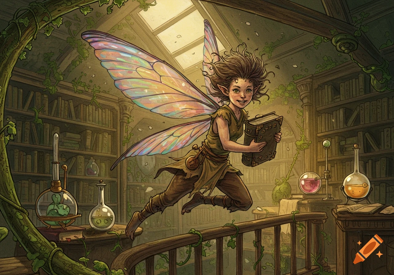 A mischievous faerie with iridescent wings flies through an overgrown magical library, clutching an ancient tome.