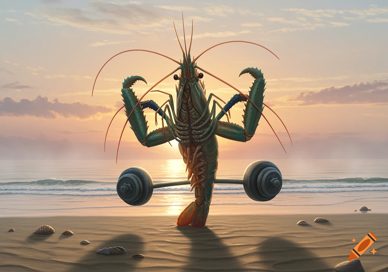 A large, green prawn poses with a barbell on a sandy beach at sunset.
