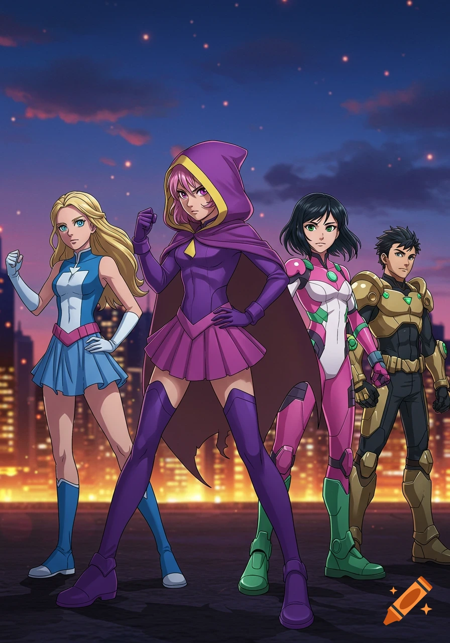 Four anime-style superheroes, three women and one man, stand ready against a glowing city skyline at dusk.
