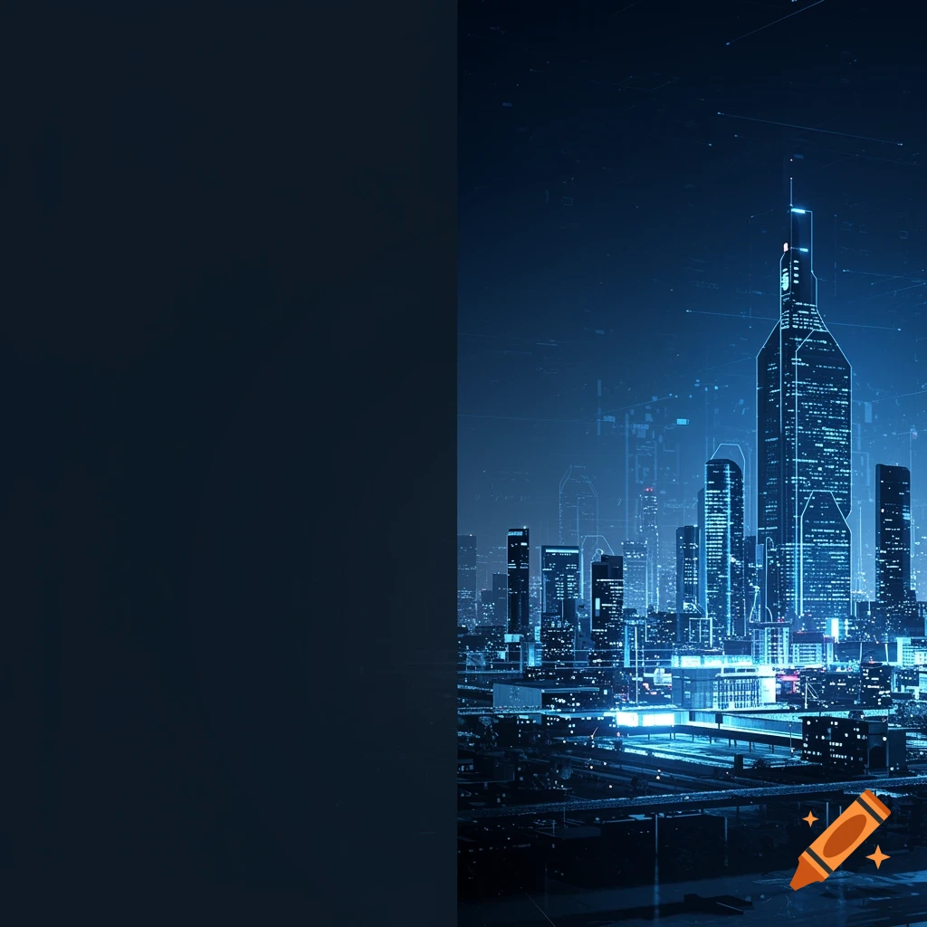 A futuristic cityscape at night, illuminated by blue lights, with a plain dark left side.