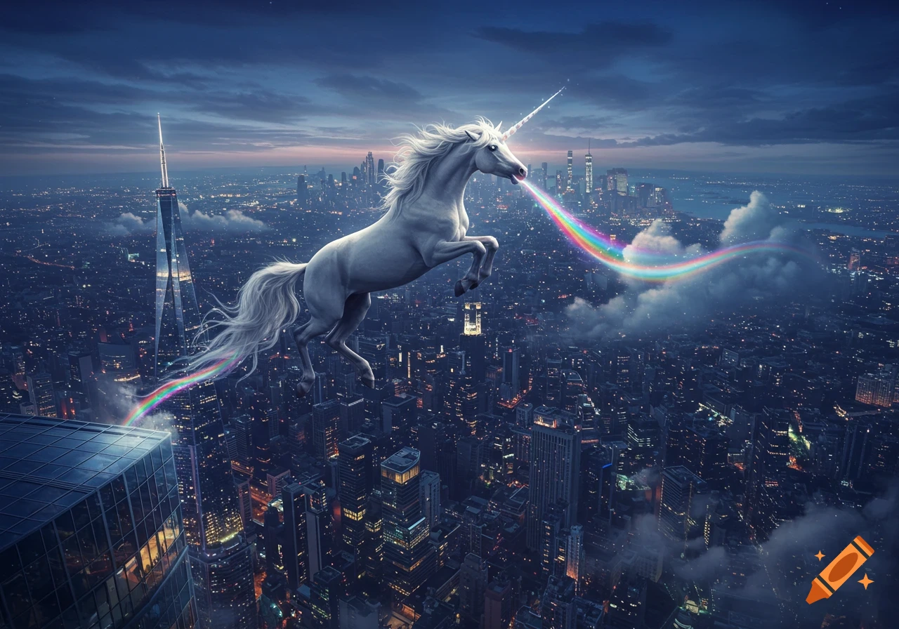 A white unicorn jumps off a skyscraper, spewing a vibrant rainbow across the night sky over a sprawling city illuminated by lights.