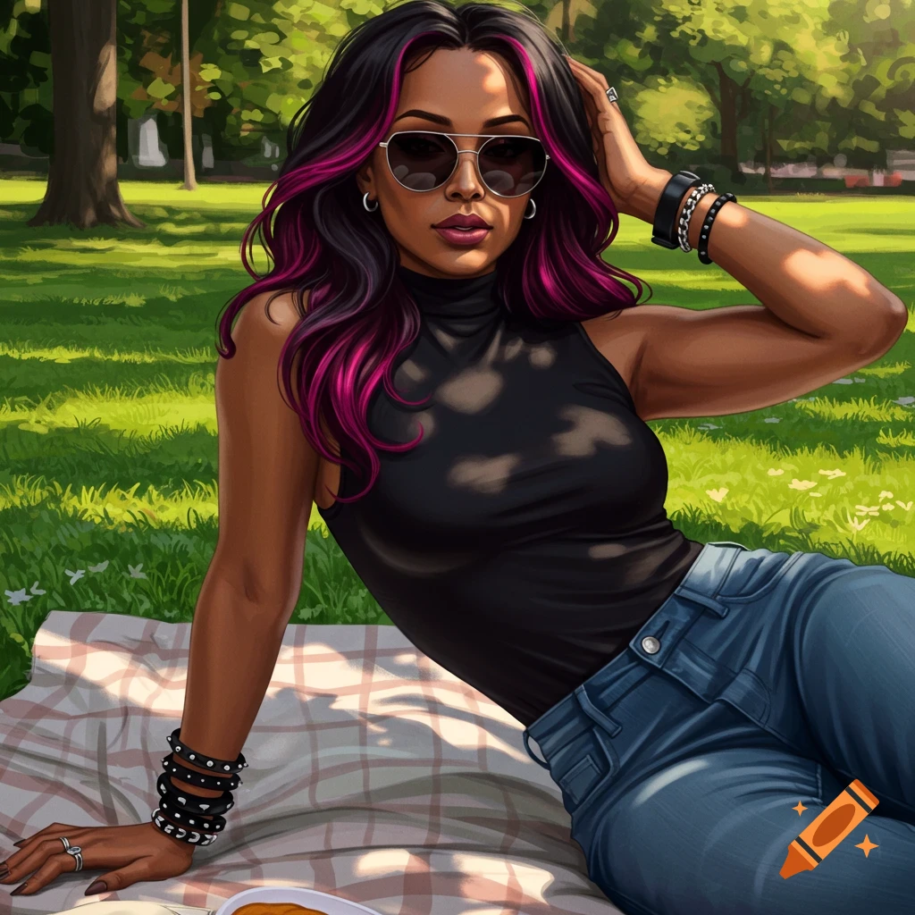 Stylized image of a mixed-race woman with magenta-streaked hair, sunglasses, black top, and jeans, sitting on a picnic blanket in a sunny park.