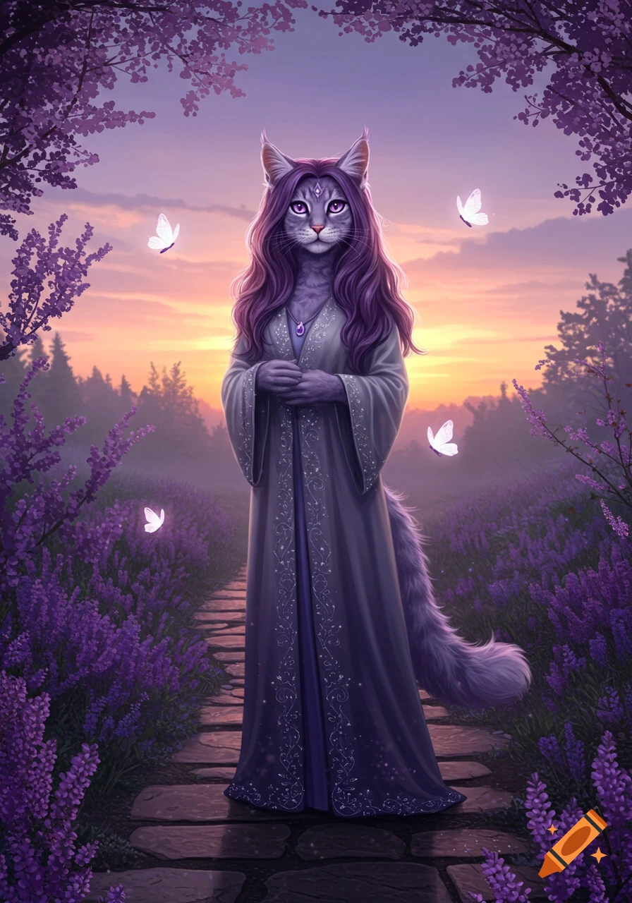 Purple anthropomorphic cat girl with long hair and a robe stands on a stone path in a lavender field with butterflies at sunset, fantasy art.