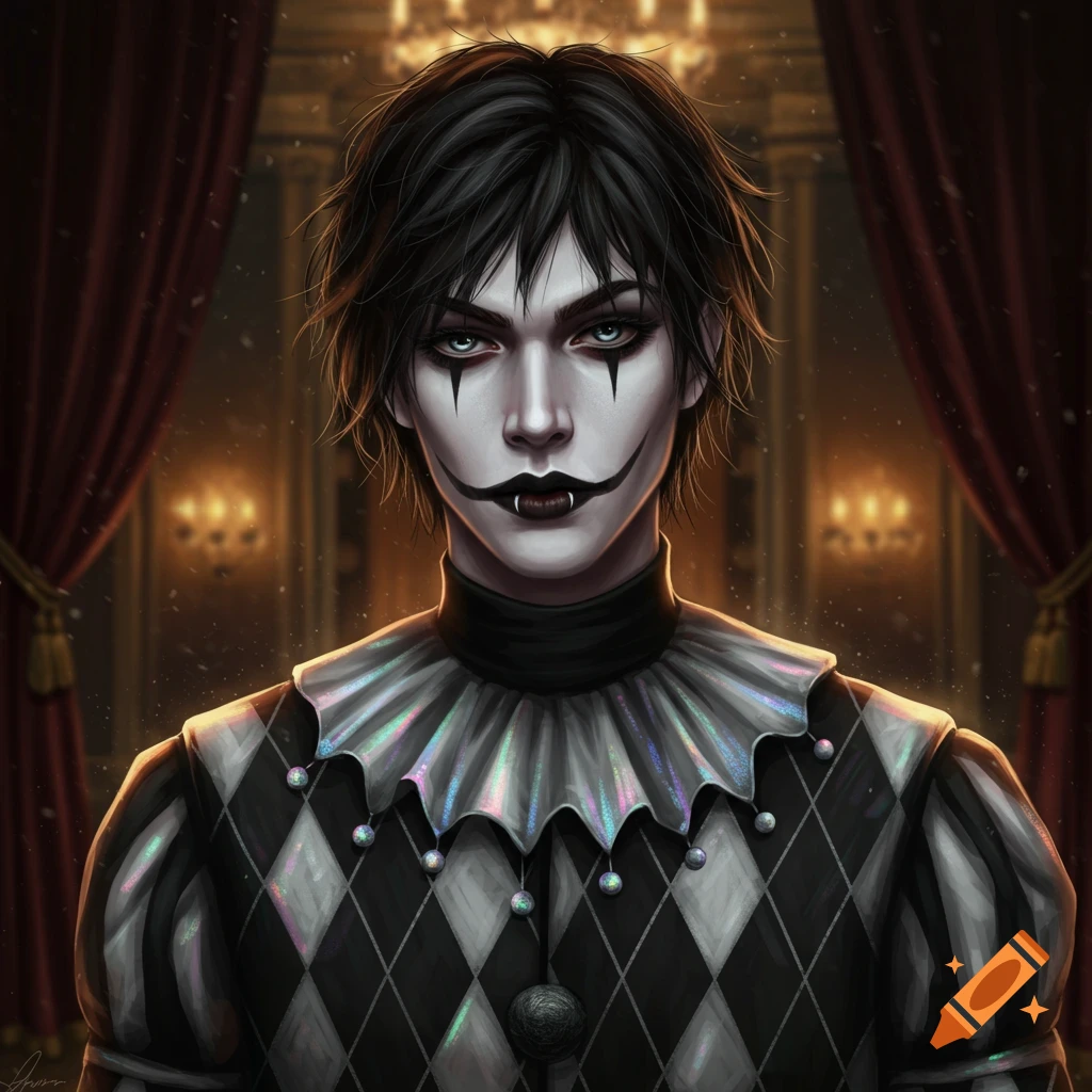 A stylized portrait of a person with white face paint, black lips, dark hair, and a black and white harlequin outfit, against a dark, ornate background.