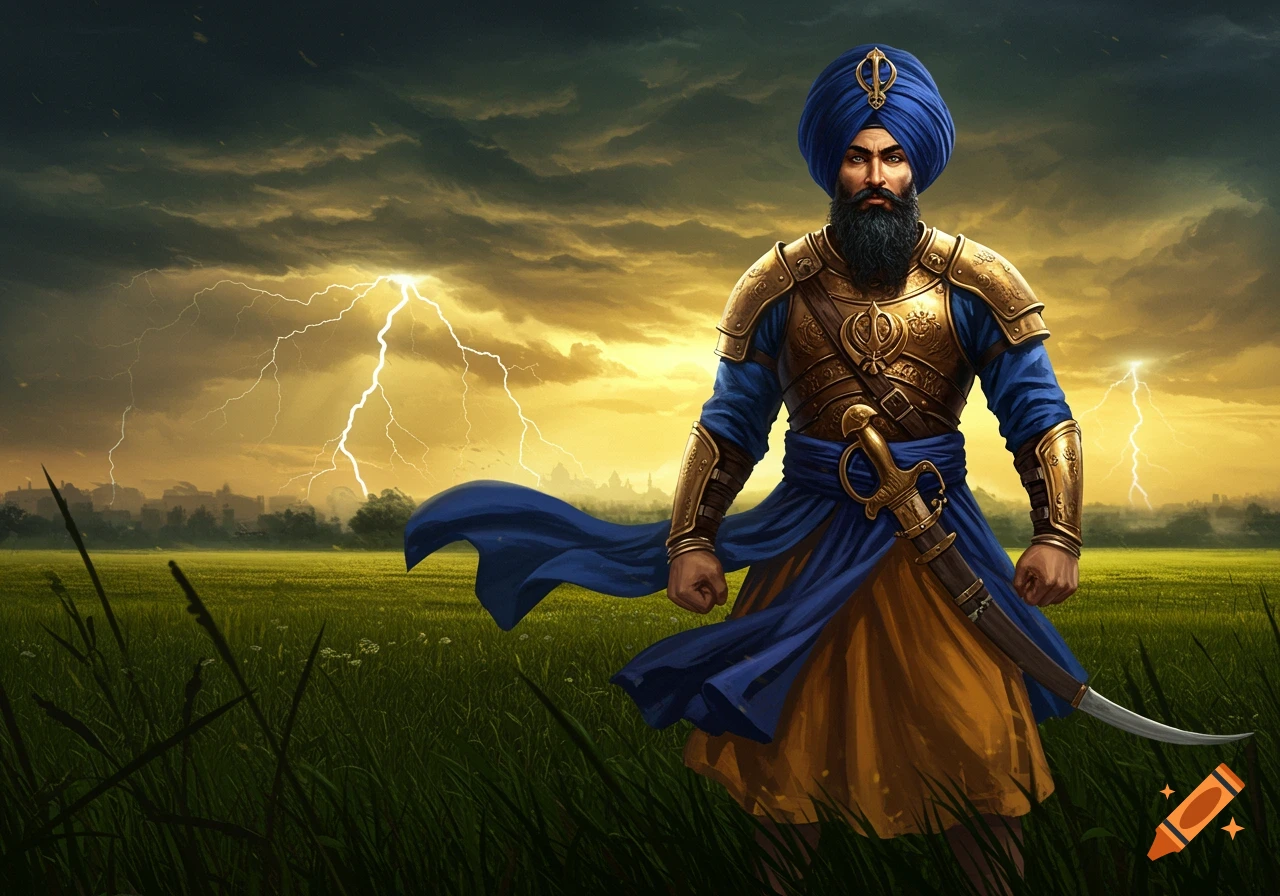 A fierce Sikh warrior in gold armor and blue turban stands in a grassy field with lightning striking behind him over a city skyline.