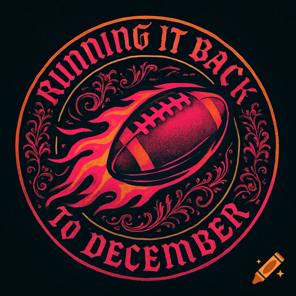 A circular fantasy football logo with a flaming football, featuring the text "Running It Back to December" in a gothic font.