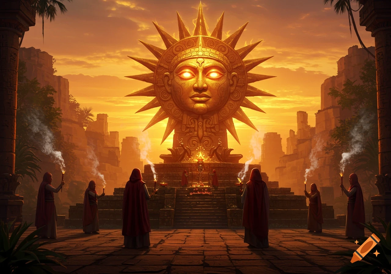 Robed figures perform a ritual before a giant golden sun idol amidst ancient ruins at sunset, in a fantasy art style.