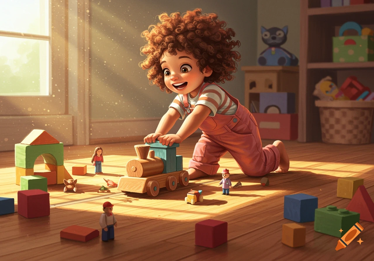 A happy child with curly hair plays with a wooden train on a sunlit floor surrounded by colorful blocks and toys, in an illustrated style.