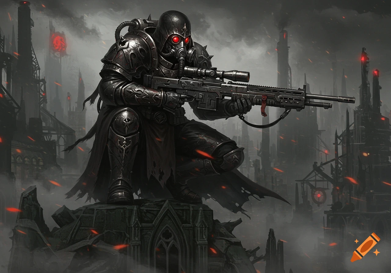 A heavily armored soldier with a gas mask and glowing red eyes crouches with a sniper rifle in a dark, dystopian city under a smoky sky.