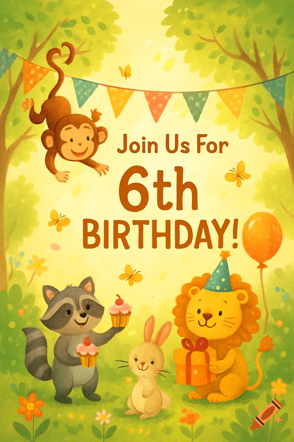 Watercolor illustration of a birthday invitation with a monkey, raccoon, rabbit, and lion. Text reads: "Join Us For 6th BIRTHDAY!".