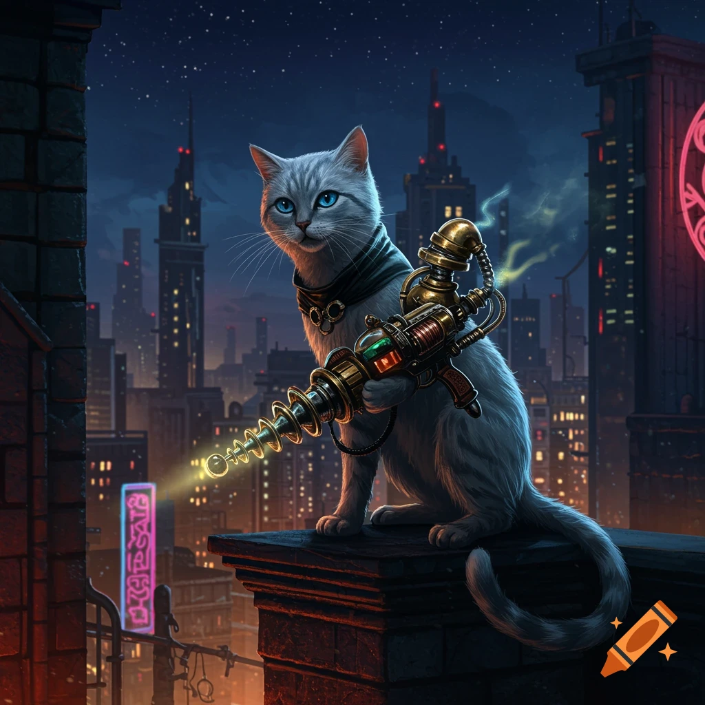 A grey cat with blue eyes holding a steampunk ray gun on a rooftop overlooking a futuristic city at night.