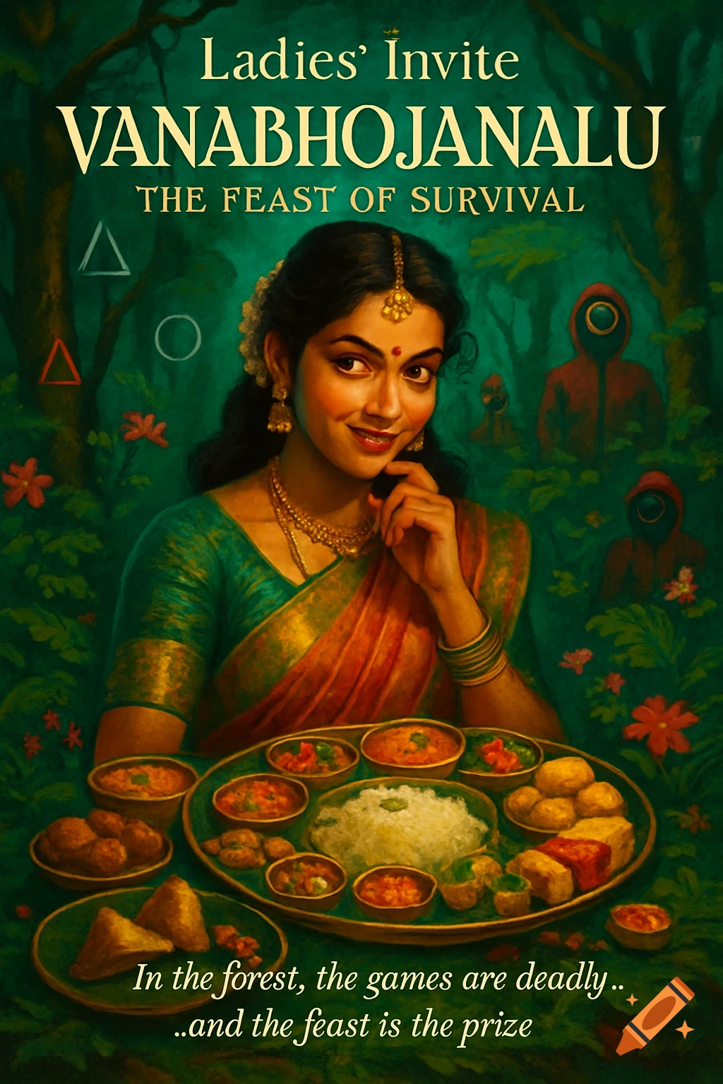 A South Indian woman in traditional attire smiles in a forest, with masked figures and geometric shapes from Squid Game in the background. A feast of Indian food is laid before her. Text reads "Ladies' Invite Vanabhojanalu: The Feast of Survival" and "In the forest, the games are deadly...and the feast is the prize."