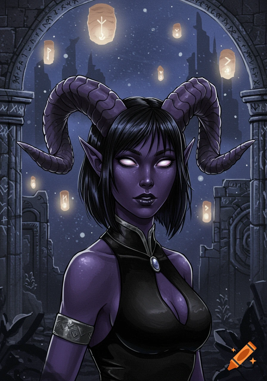 A close-up illustration of a female tiefling with purple skin, large ram horns, short black hair, and glowing white eyes, against a dark fantasy background with glowing runes.