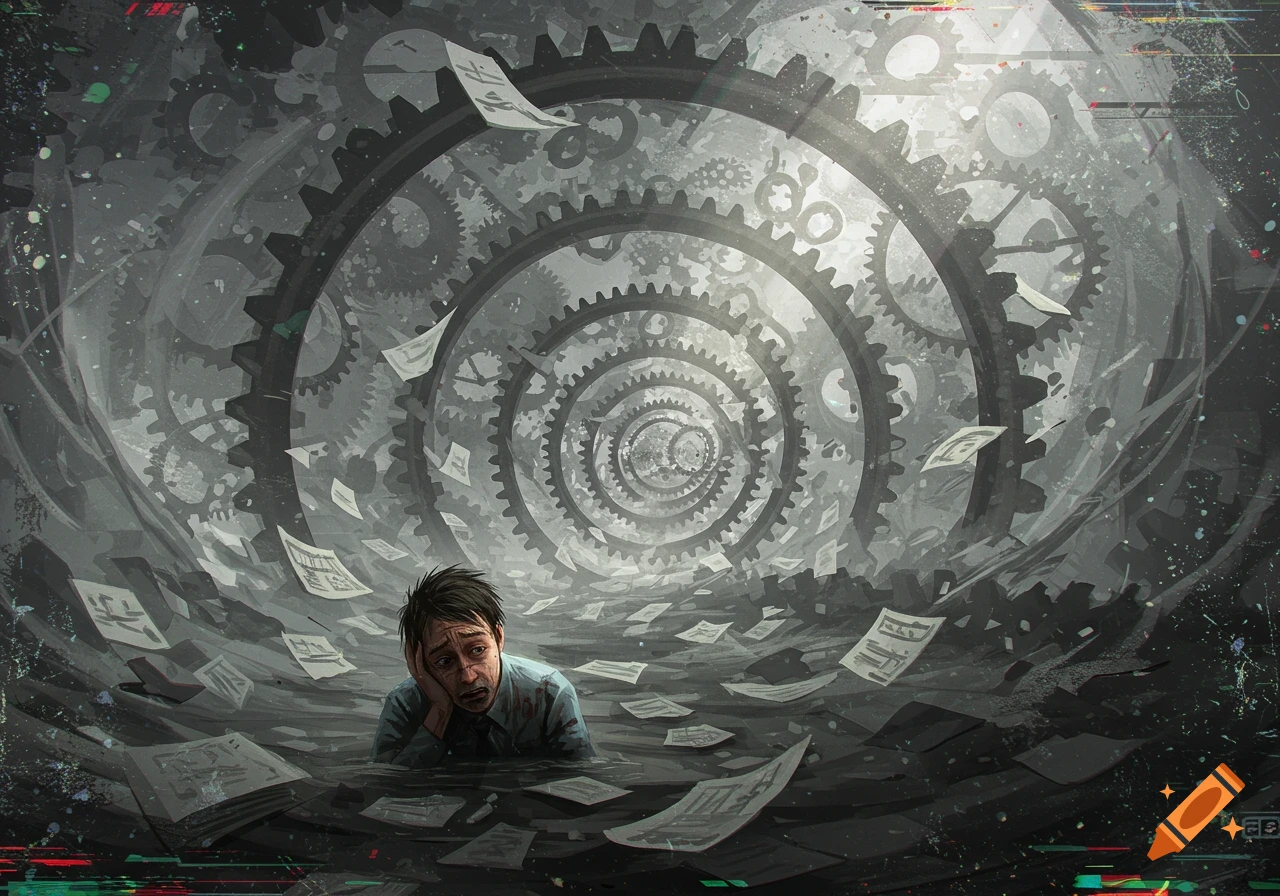 A distressed man is partially submerged in dark water, surrounded by swirling papers and a vortex of dark gears and cogs. The scene is dark and grey with hints of color.