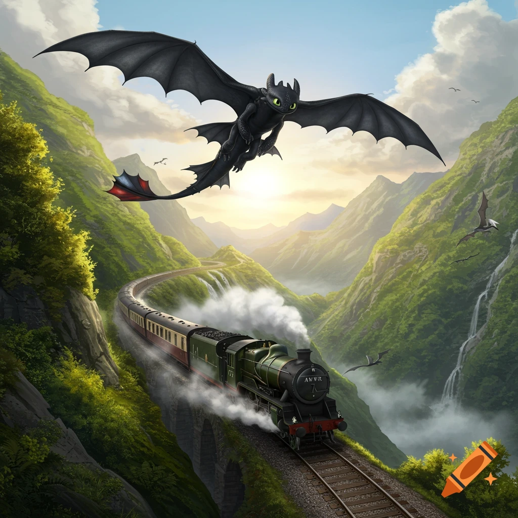 Toothless the black dragon flies over a green train traveling on tracks through a lush mountain valley with waterfalls under a bright sky.