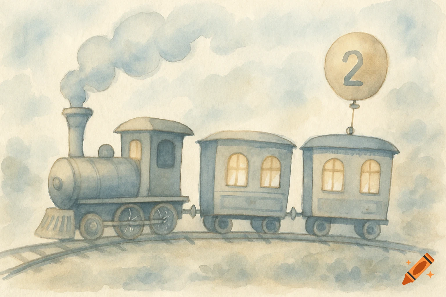 A watercolor illustration of a pale blue train with two carts on a track, the last cart features a balloon with the number 2.