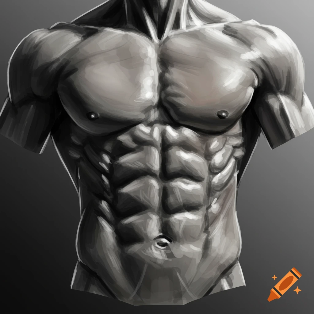 Detailed grey digital painting of a muscular male torso, focusing on abs and chest.
