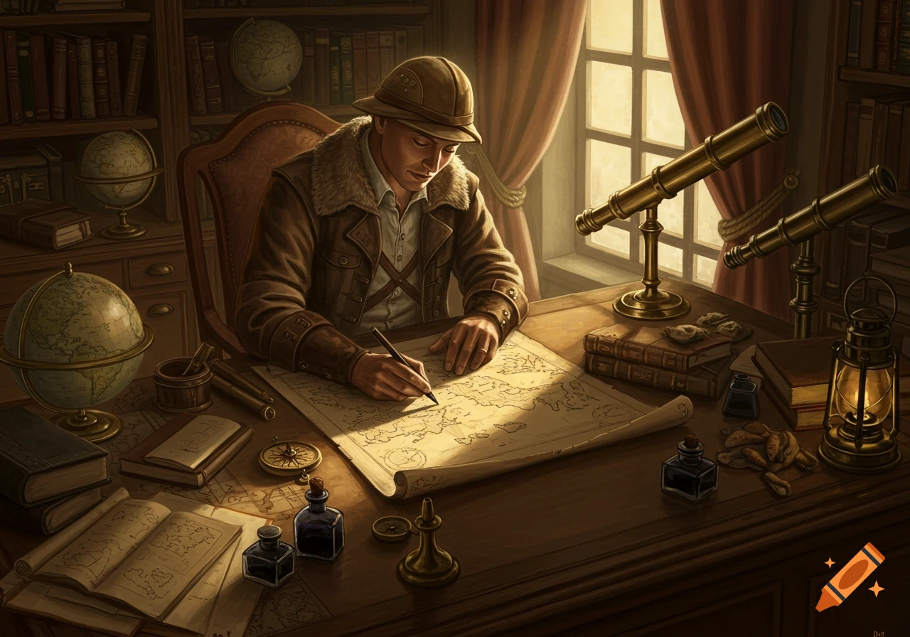 A man in a pith helmet and brown jacket draws on a map at a desk filled with globes, telescopes, and books in a warmly lit study.