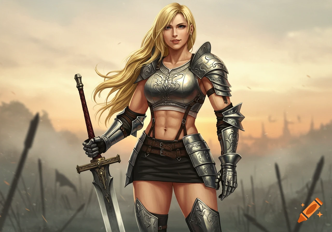 Blonde female knight in silver armor holding a large sword, standing on a battlefield at sunset, digital art.