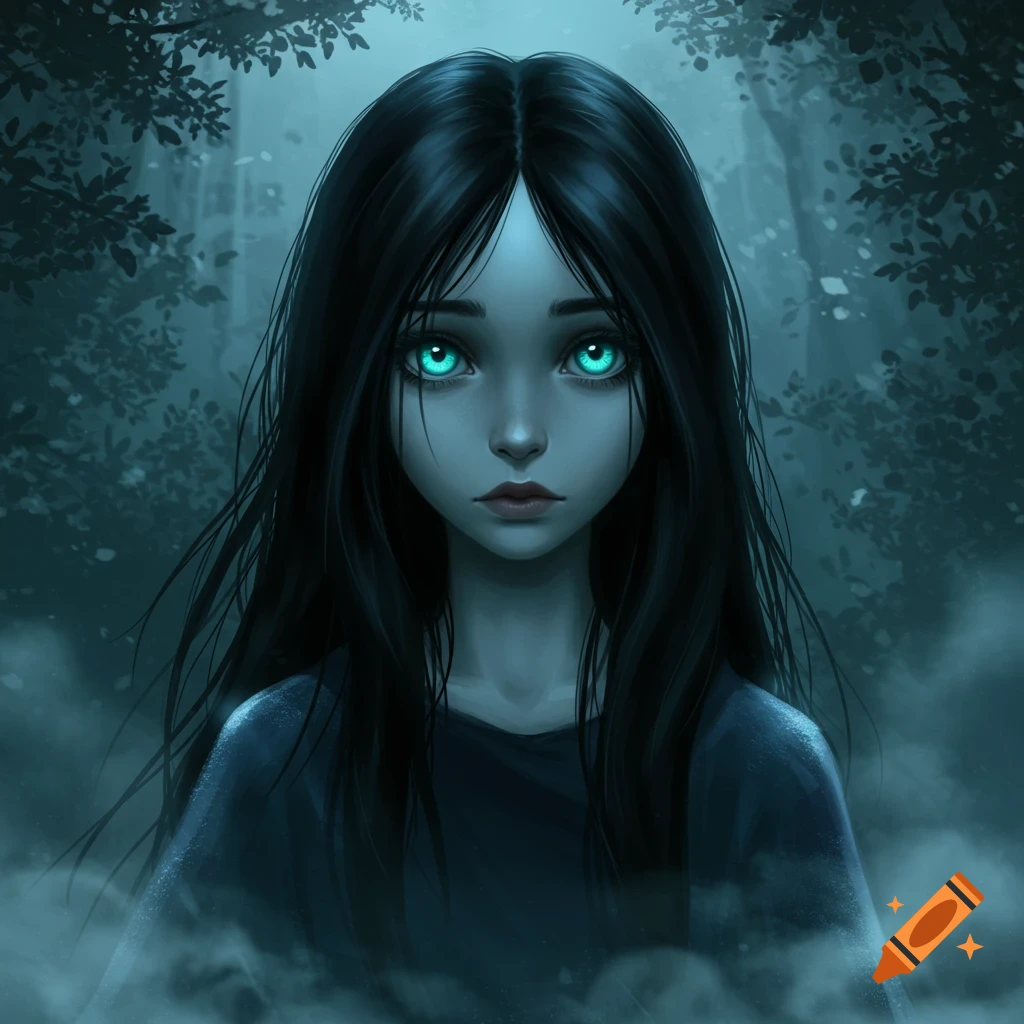 A portrait of a girl with pale skin, dark hair, and glowing turquoise eyes, standing in a misty, dark forest. Digital art.