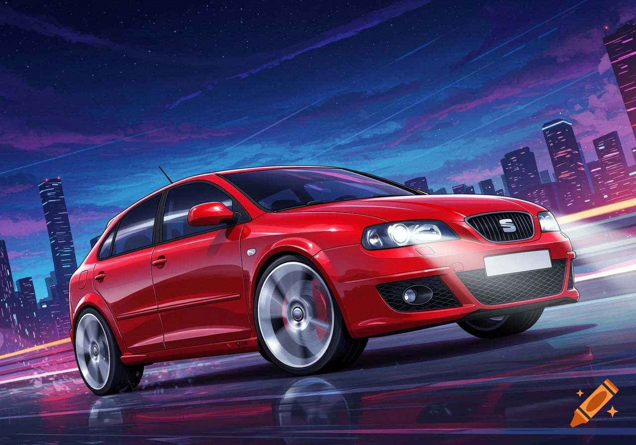 A vibrant red hatchback speeds through a stylized city at night, with streaks of light on the road reflecting skyscrapers under a starry, colorful sky in a cartoon style.