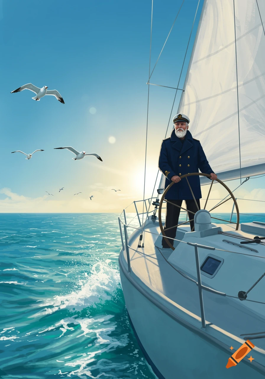 A bearded captain steers a sailboat on a bright, sunny ocean with seagulls flying overhead.