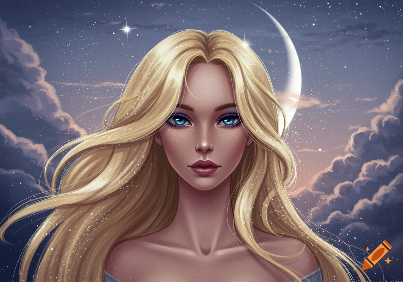 A digital art portrait of a woman with long blonde hair and blue eyes against a night sky with stars, clouds, and a crescent moon.