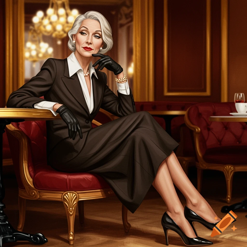 A mature woman with grey hair in a dark suit, black gloves, and red lipstick, sitting elegantly in a luxurious lounge.
