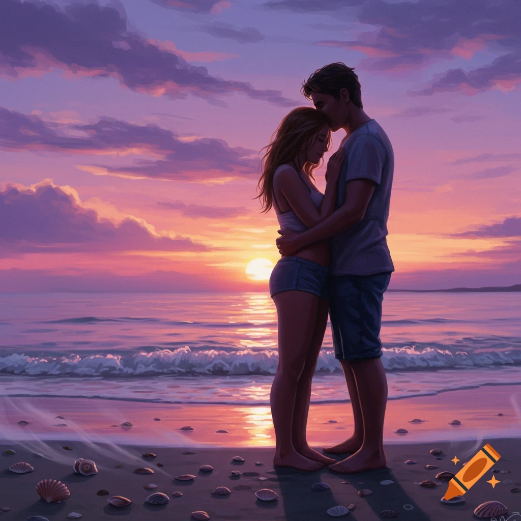 An illustrated couple embraces on a beach at sunset, with a vibrant purple and orange sky over the ocean.