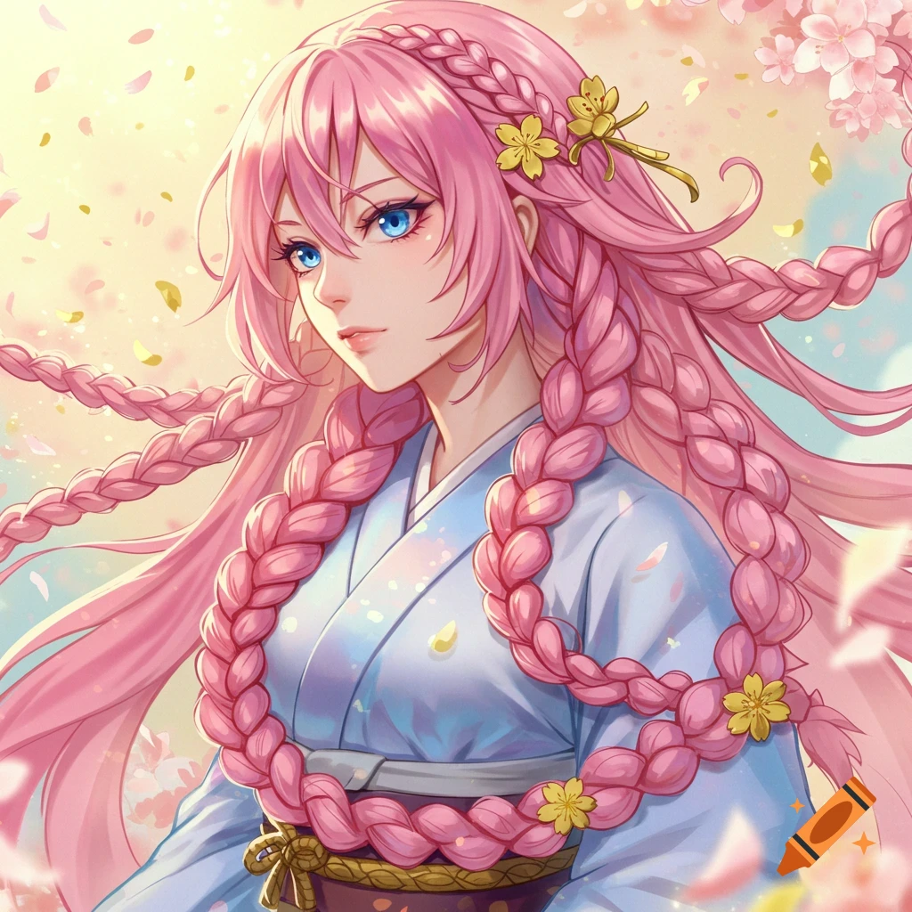 Anime girl with long pink braided hair, blue eyes, wearing a light blue kimono, amidst falling cherry blossoms.