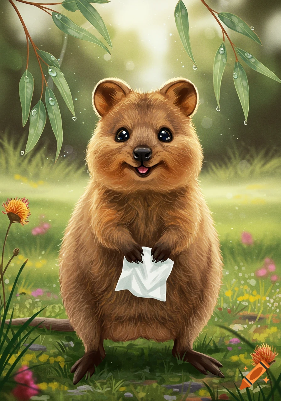 A smiling, fluffy quokka holds a white crumpled tissue in a lush green field with colorful flowers and dewy leaves. Digital art.