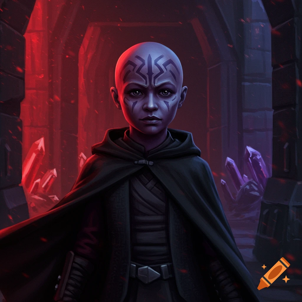 A purple-skinned young humanoid with face tattoos and a black hooded cloak stands in a red-lit corridor with glowing crystals, looking forward.