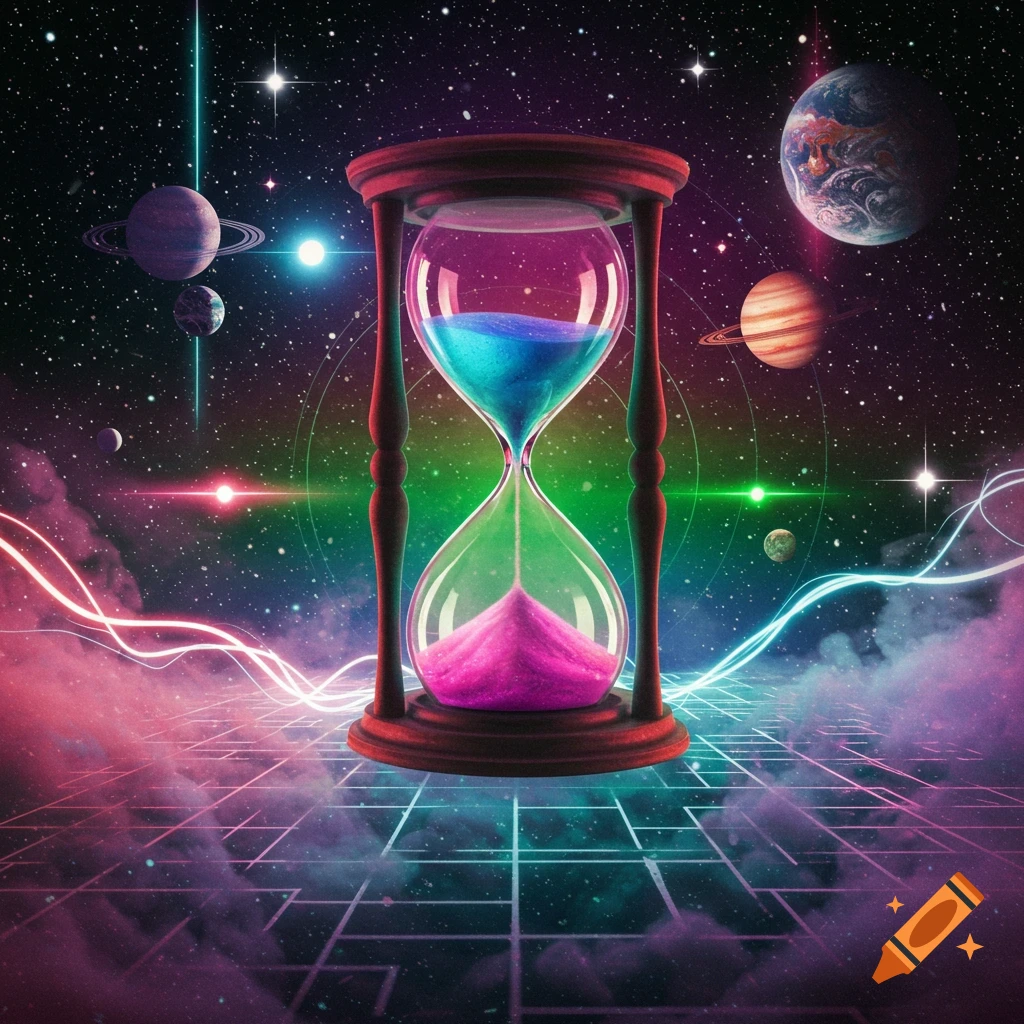 An hourglass with blue and pink sand floats in a vibrant cosmic scene with planets, stars, and glowing energy lines over a grid.
