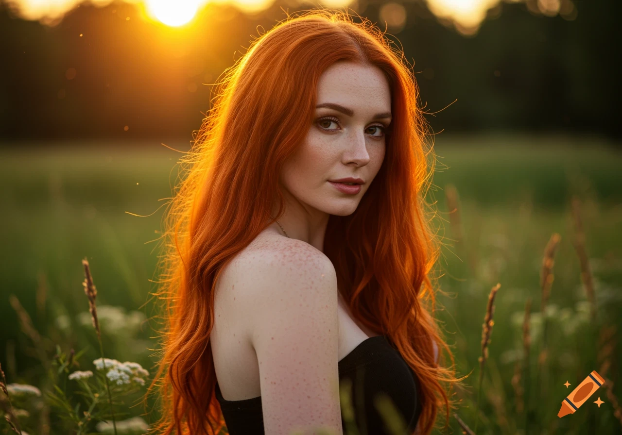 Photorealistic portrait of a woman with long red hair looking over her shoulder in a grassy field at sunset.