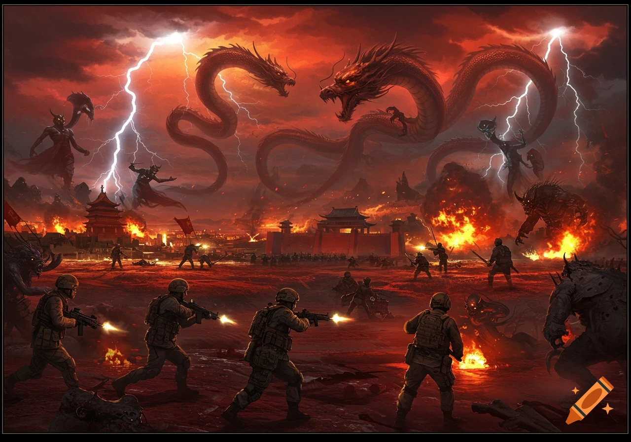 An epic fantasy battle scene with dragons and demons clashing against modern soldiers amidst fire, lightning, and destruction.