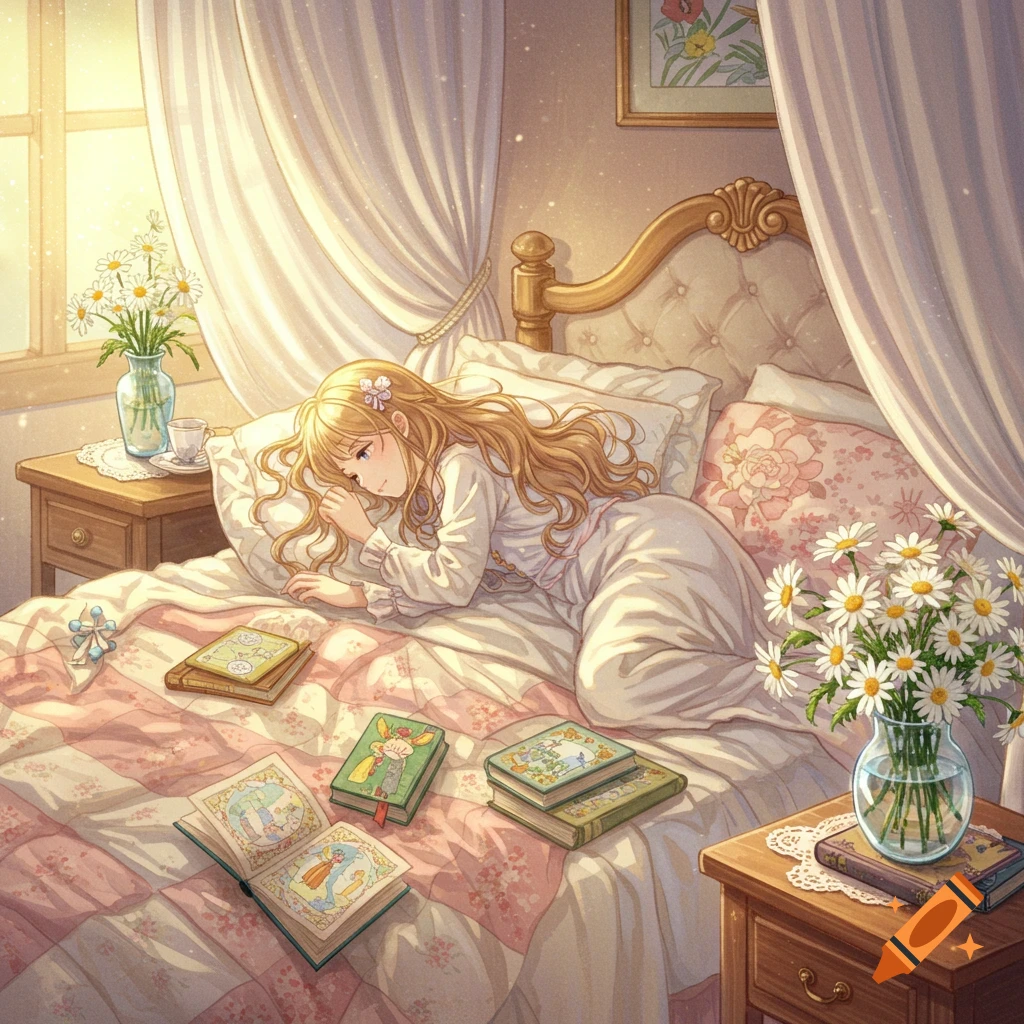 Anime illustration of a blonde girl sleeping in a cozy, sunlit bedroom, surrounded by books and vases of daisies.