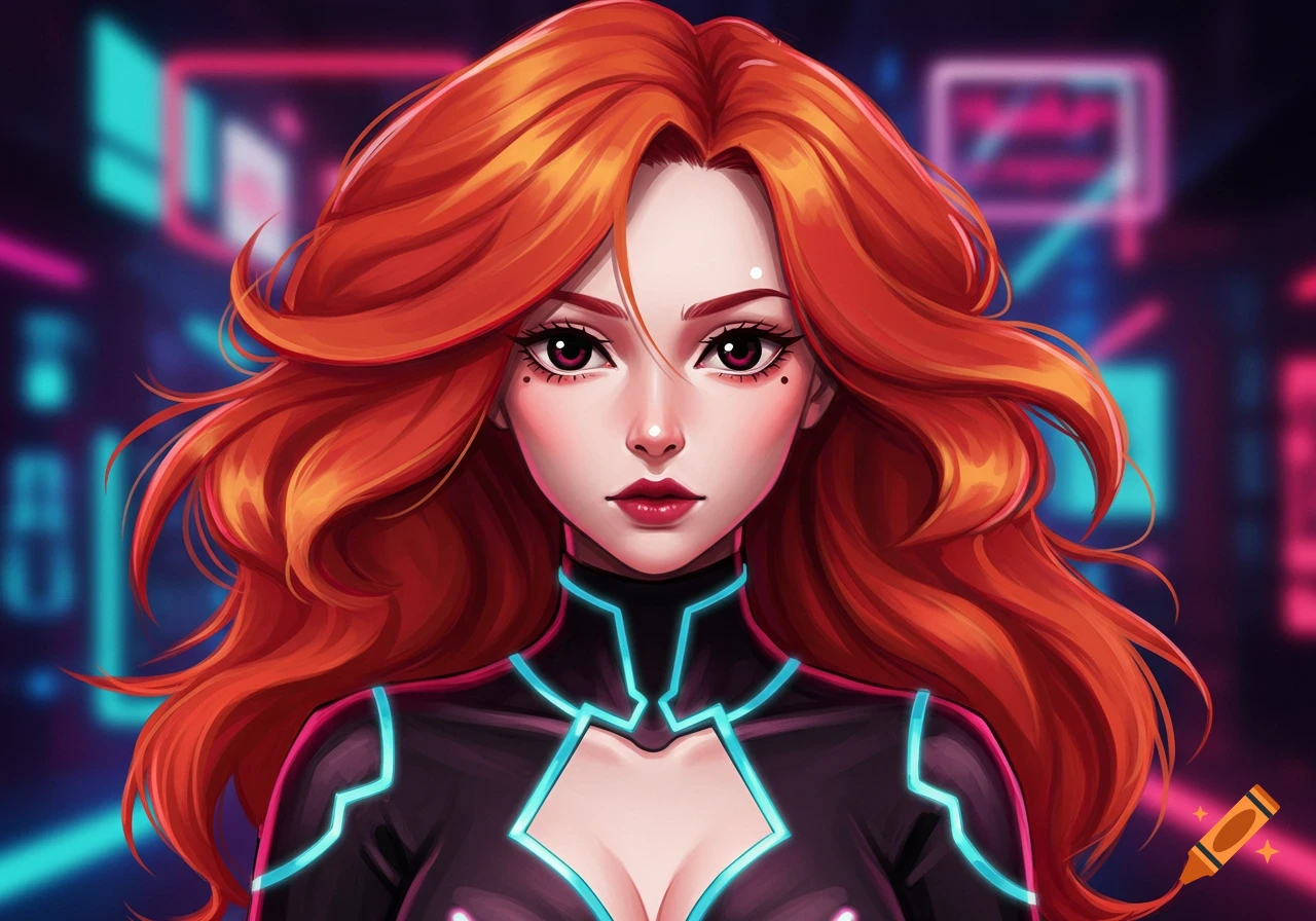 A stylized anime woman with vibrant ginger hair and dark eyes, wearing a black and blue futuristic suit, against a blurry neon city background.