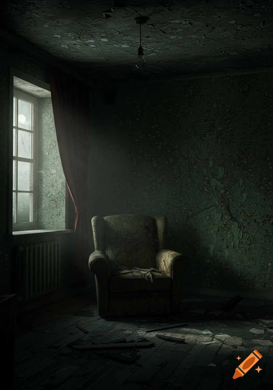 A dark, abandoned room with peeling paint, a single light bulb, and a tattered armchair by a window, bathed in moonlight.