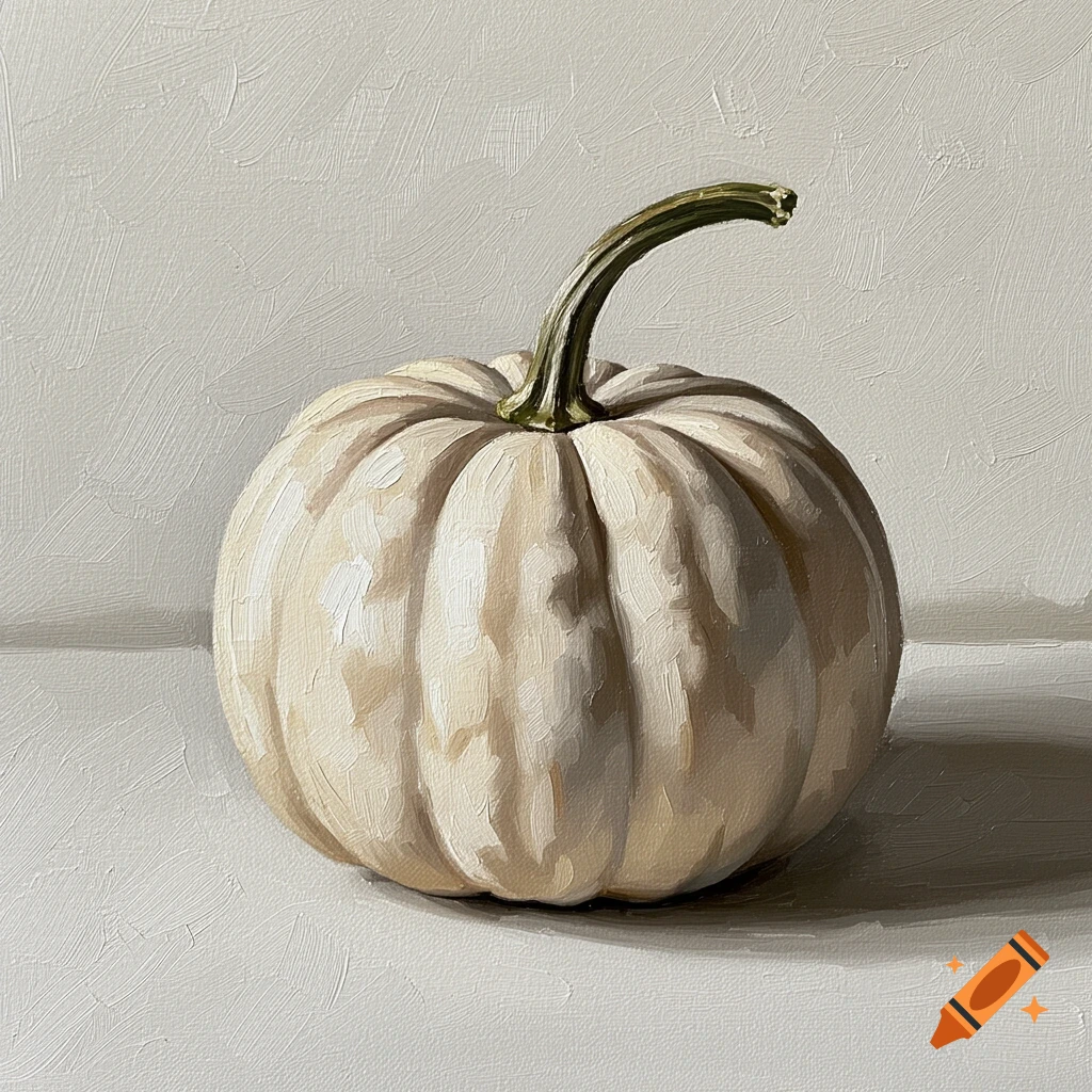 Oil painting of a white pumpkin with a green stem on a warm off-white background.
