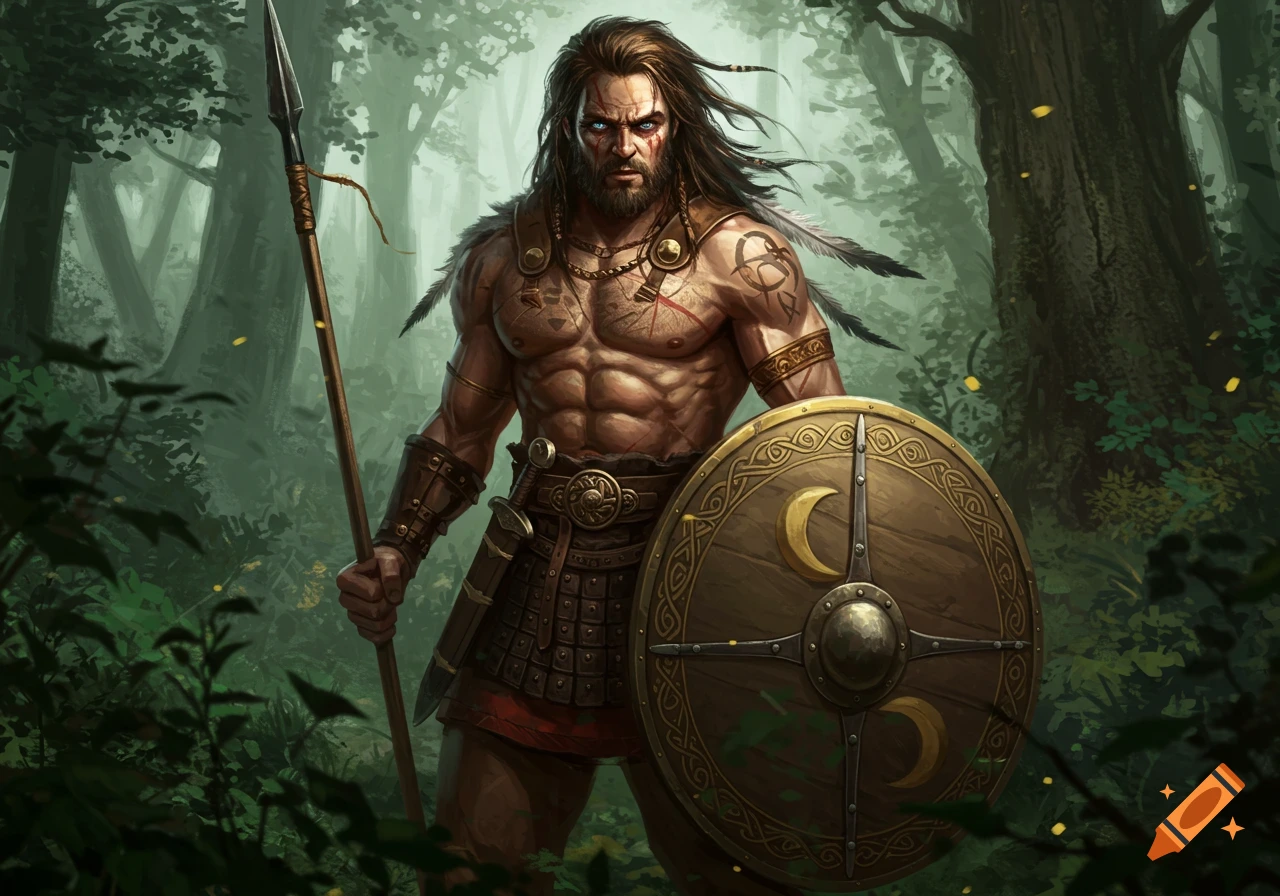 A fierce, muscular fantasy warrior with long hair, beard, blue eyes, and war paint, holds a spear and a crescent moon shield in a misty forest.