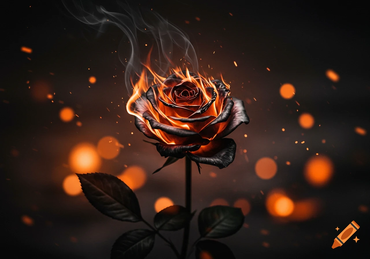 A dark rose with vibrant orange flames and smoke, surrounded by orange bokeh lights, on a black background.