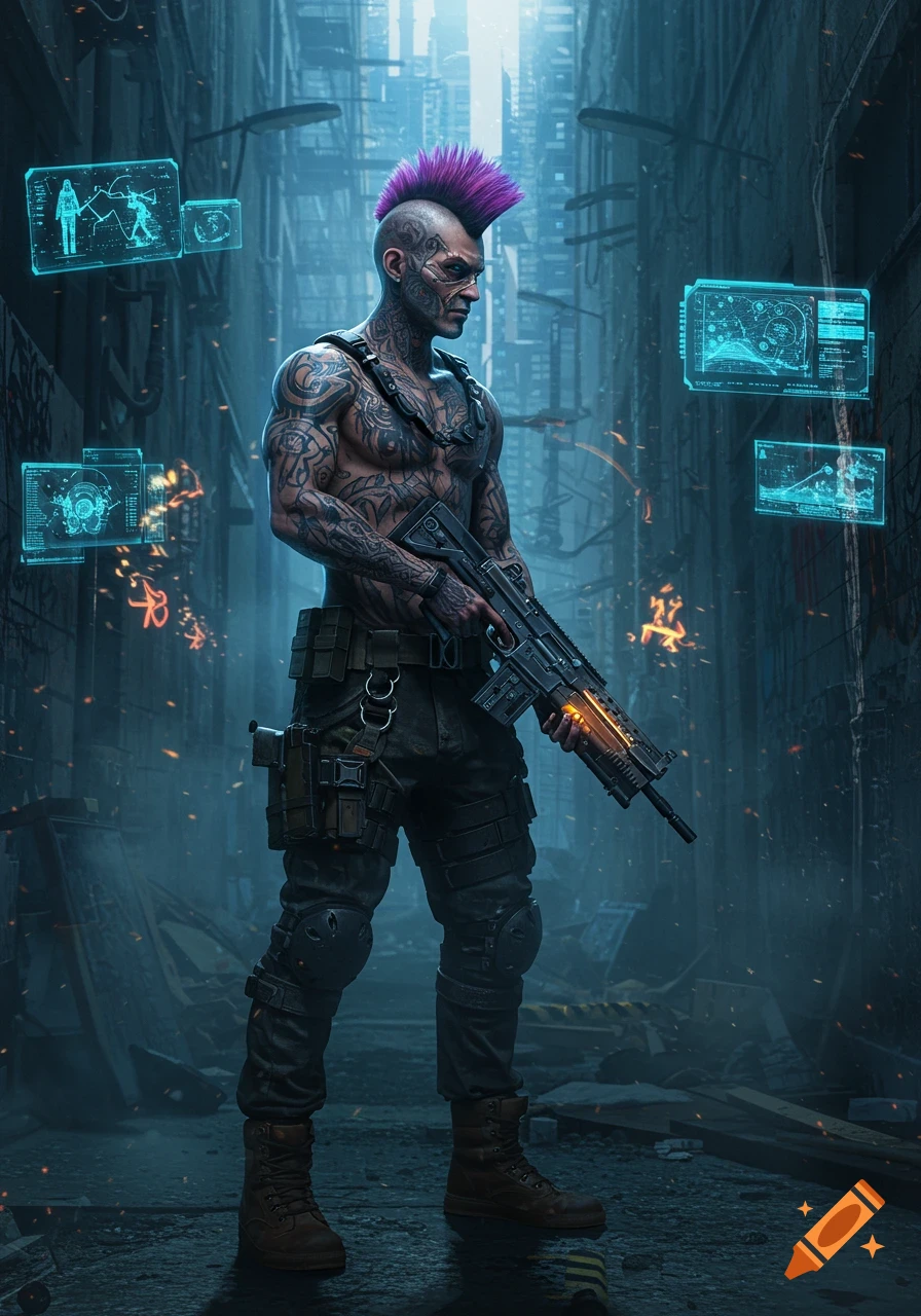 A heavily tattooed man with a purple mohawk and a gun stands in a futuristic, dystopian alley with glowing holograms.