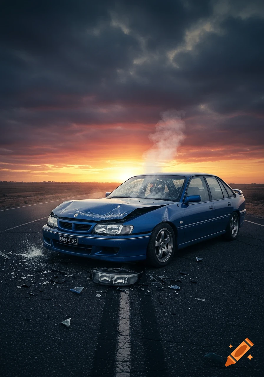 Photorealistic image of a blue crashed car smoking on a dark road at sunset, with shattered glass on the asphalt.