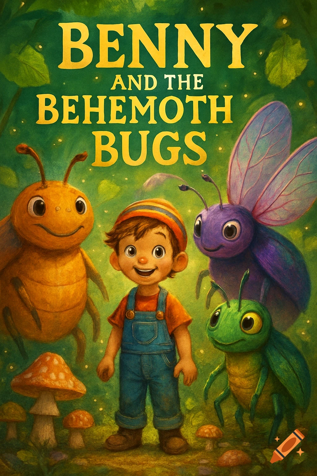 A happy boy stands with giant, friendly cartoon bugs (orange, purple, green) in a magical forest with mushrooms. Book title: Benny and the Behemoth Bugs.