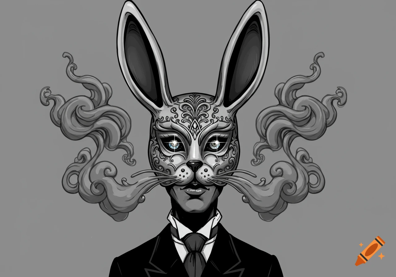 Greyscale cartoon illustration of a person in a fancy, ornate bunny mask and suit, with smoke emanating from the mask.
