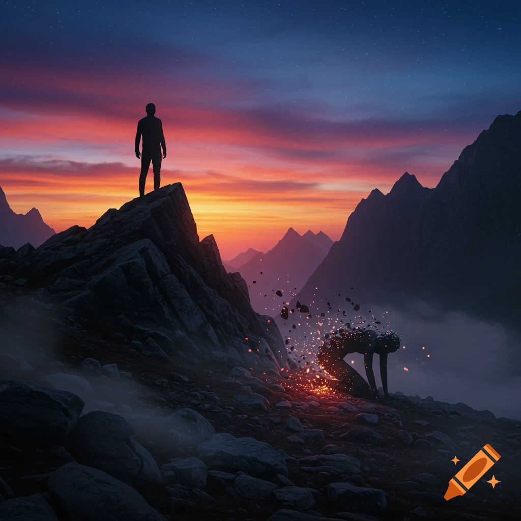Silhouette of a person standing on a mountain peak observing another shadowy figure dissolving with glowing sparks at the base of the mountain under a dramatic sunset sky.